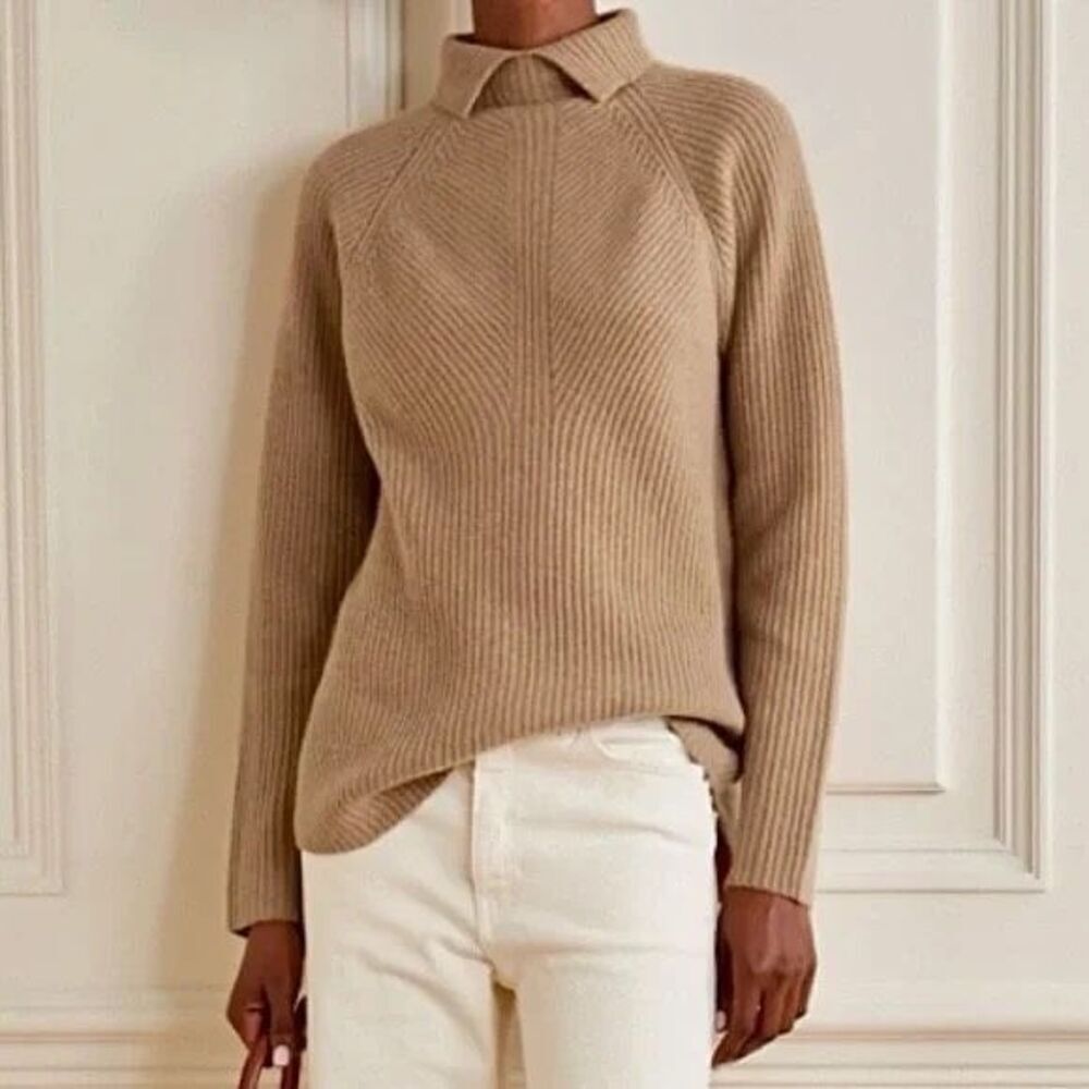 Theory Sweater Moving Cashmere Rib‎ Turtleneck Tan size Medium
